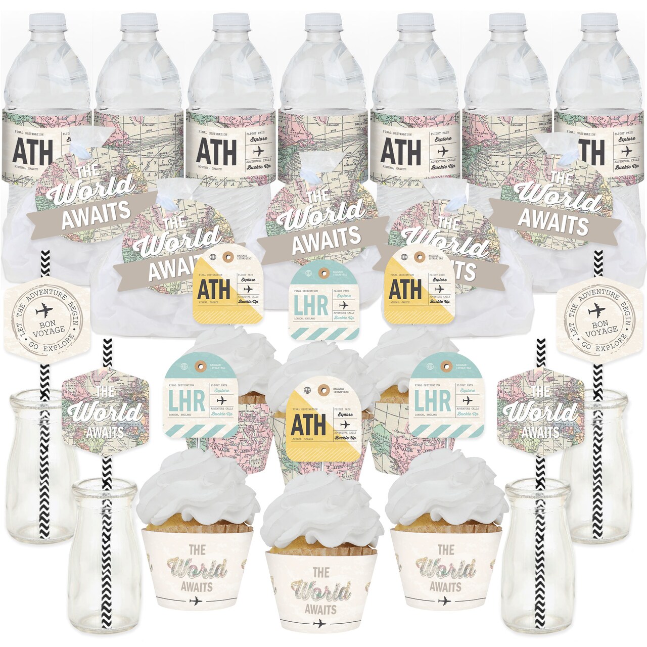 Big Dot of Happiness World Awaits - Travel Themed Party Favors and Cupcake Kit - Fabulous Favor Party Pack - 100 Pieces